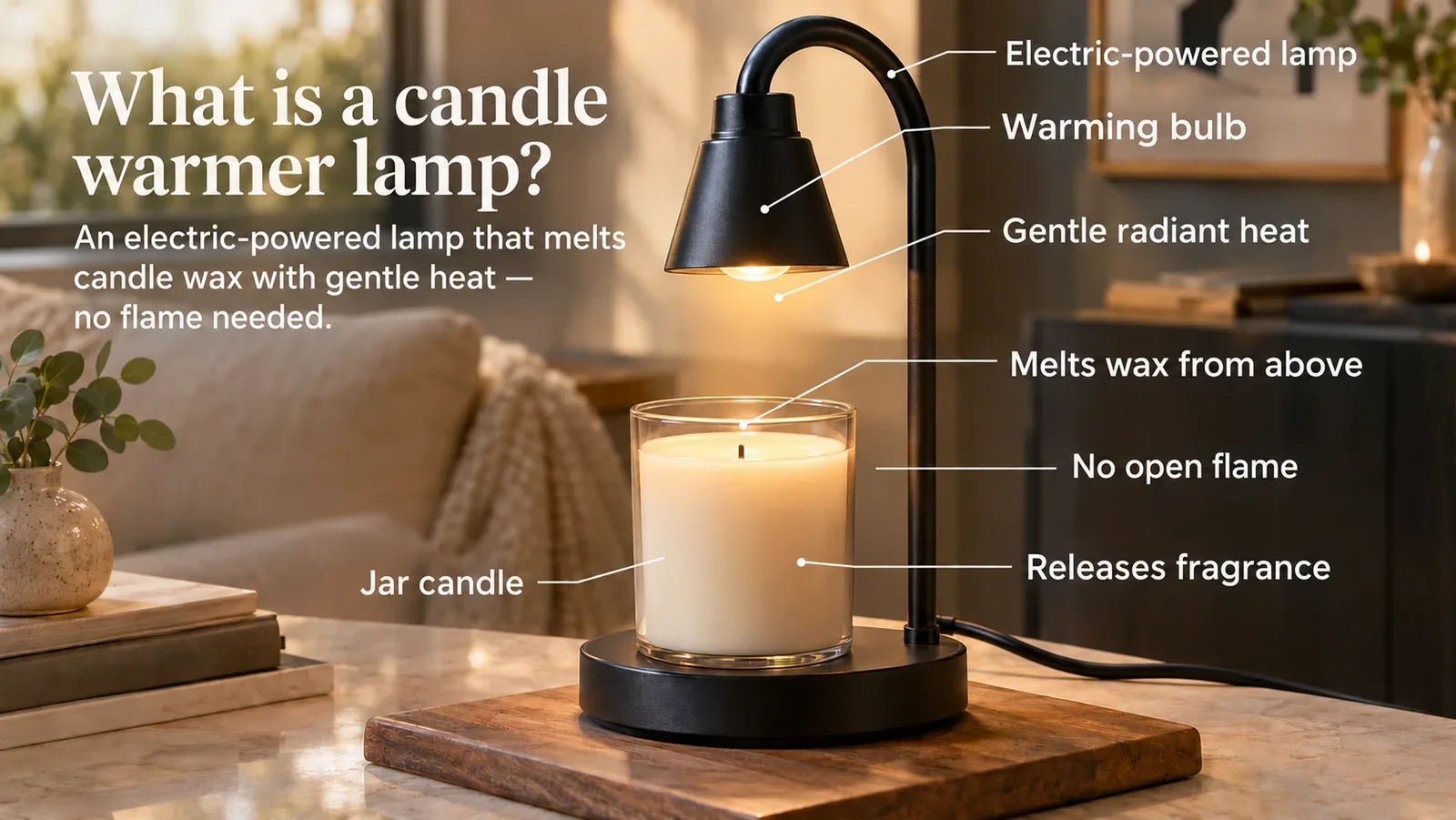 What is a candle warmer lamp? Diagram: a warming bulb gives gentle radiant heat that melts the wax of a jar candle from above, with no open flame, releasing fragrance