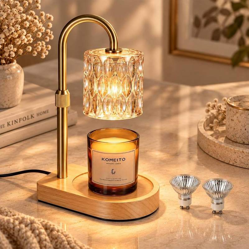 Adewalk Gold Crystal-Cut Candle Warmer Lamp, gold candle warmer lamp with a faceted crystal-cut shade
