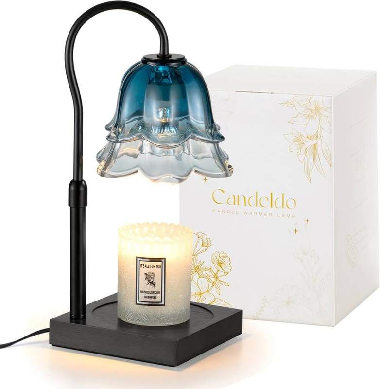 Candeldo Blue Flower Candle Warmer Lamp, blue candle warmer lamp with a bloom-shaped glass shade
