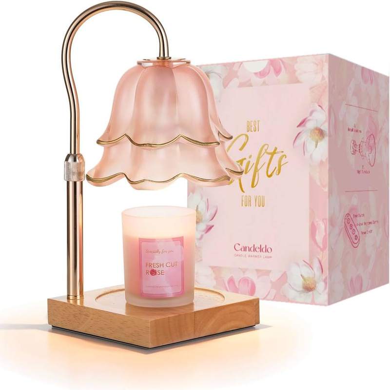 Candeldo Pink Flower Candle Warmer Lamp Set with Scented Candle, pink candle warmer lamp with a petal-style flower shade