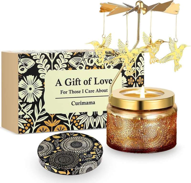 Curimama Rotating Hummingbird Rose Scented Candle — glass jar scented candle