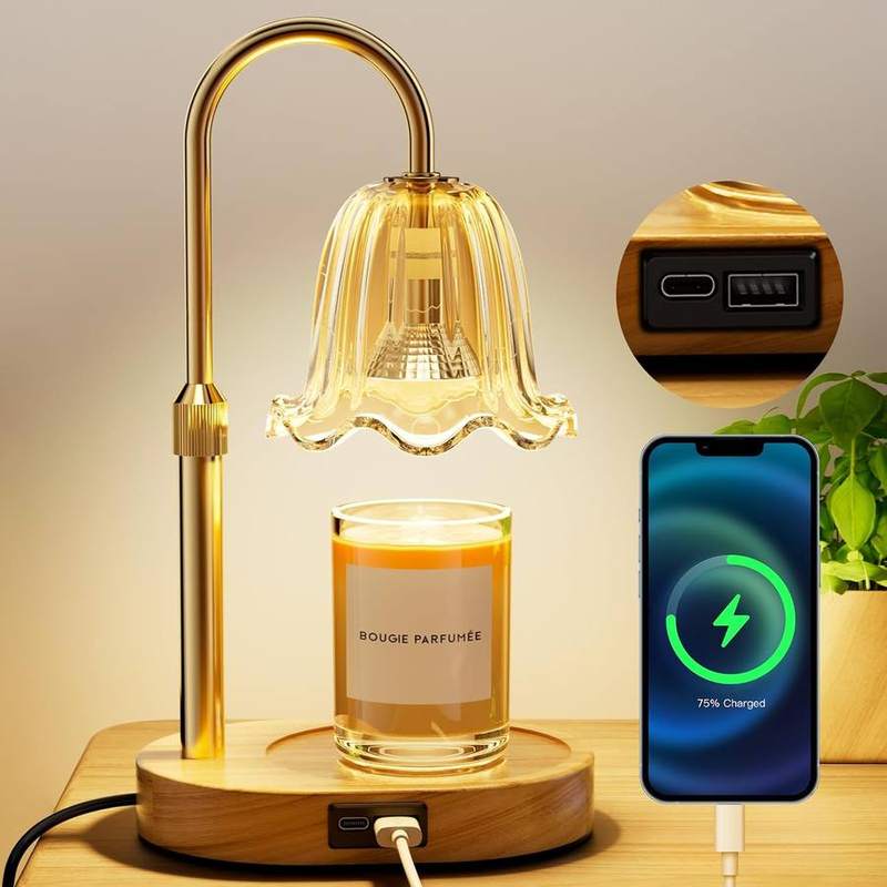 Draome Amber Flower Candle Warmer Lamp with USB Charging, amber candle warmer lamp with a bloom-shaped glass shade