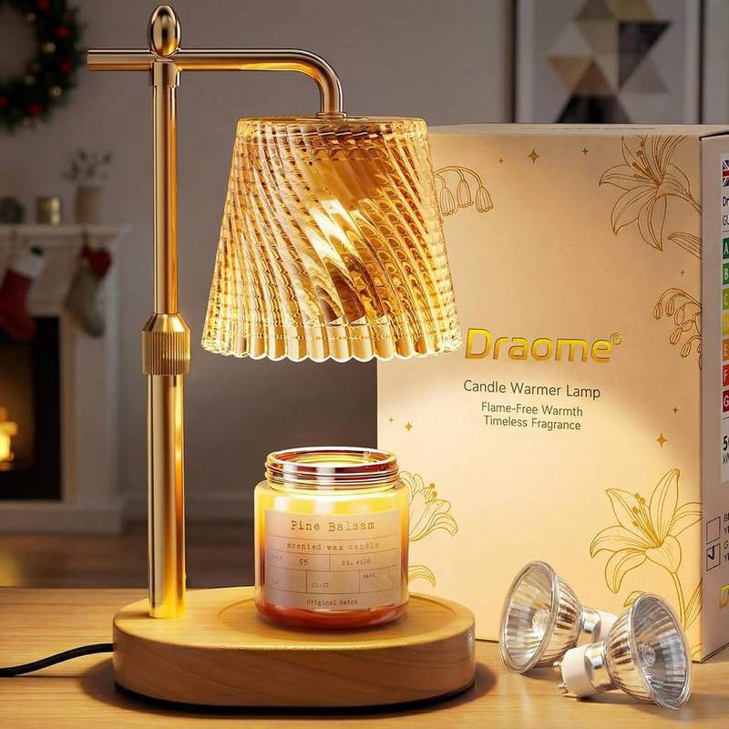 Draome Glass Candle Warmer Lamp, Wood Base, 2 Bulbs, candle warmer lamp with a smooth glass shade