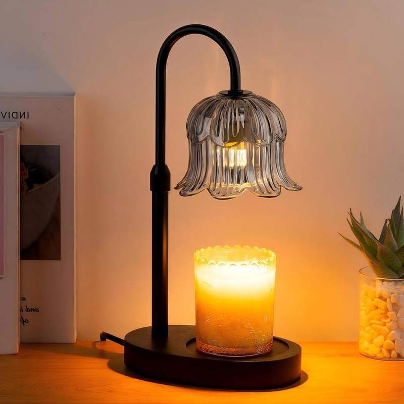 EVXFG Grey Flower Glass Candle Warmer Lamp, Black, black candle warmer lamp with a bloom-shaped glass shade