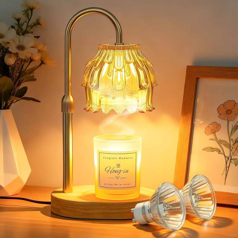 FlyQintess Gold Flower Candle Warmer Lamp, gold candle warmer lamp with a flower-shaped glass shade