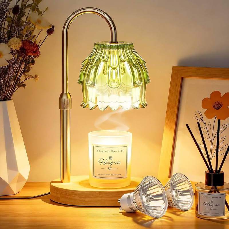 FunGeneTEC Green Flower Candle Warmer Lamp, green candle warmer lamp with a flower-shaped glass shade