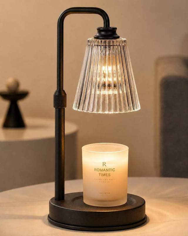 Funistree Black Ribbed Glass Candle Warmer Lamp, black candle warmer lamp with a ribbed glass shade