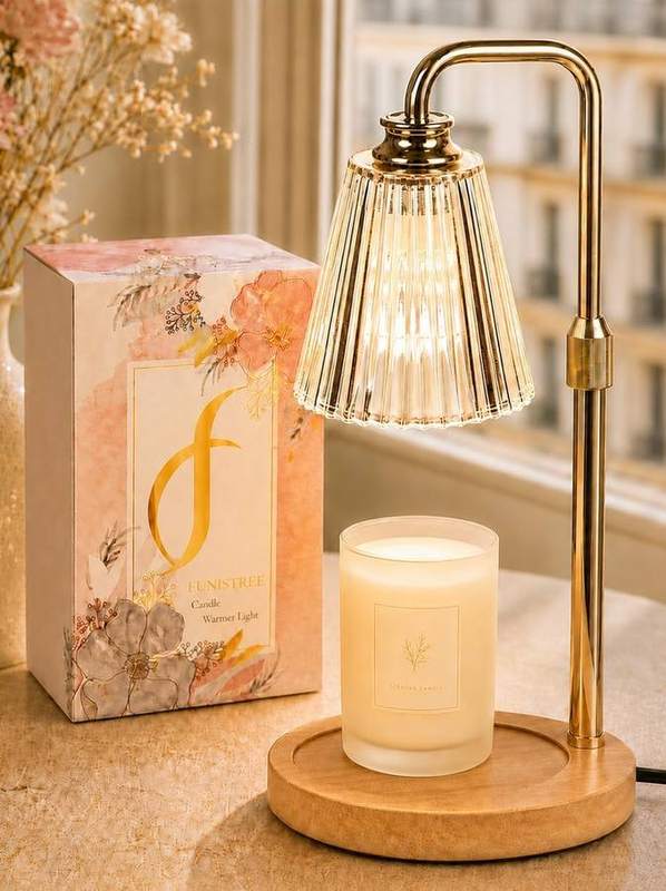 Funistree Gold Ribbed Glass Candle Warmer Lamp, gold candle warmer lamp with a ribbed glass shade