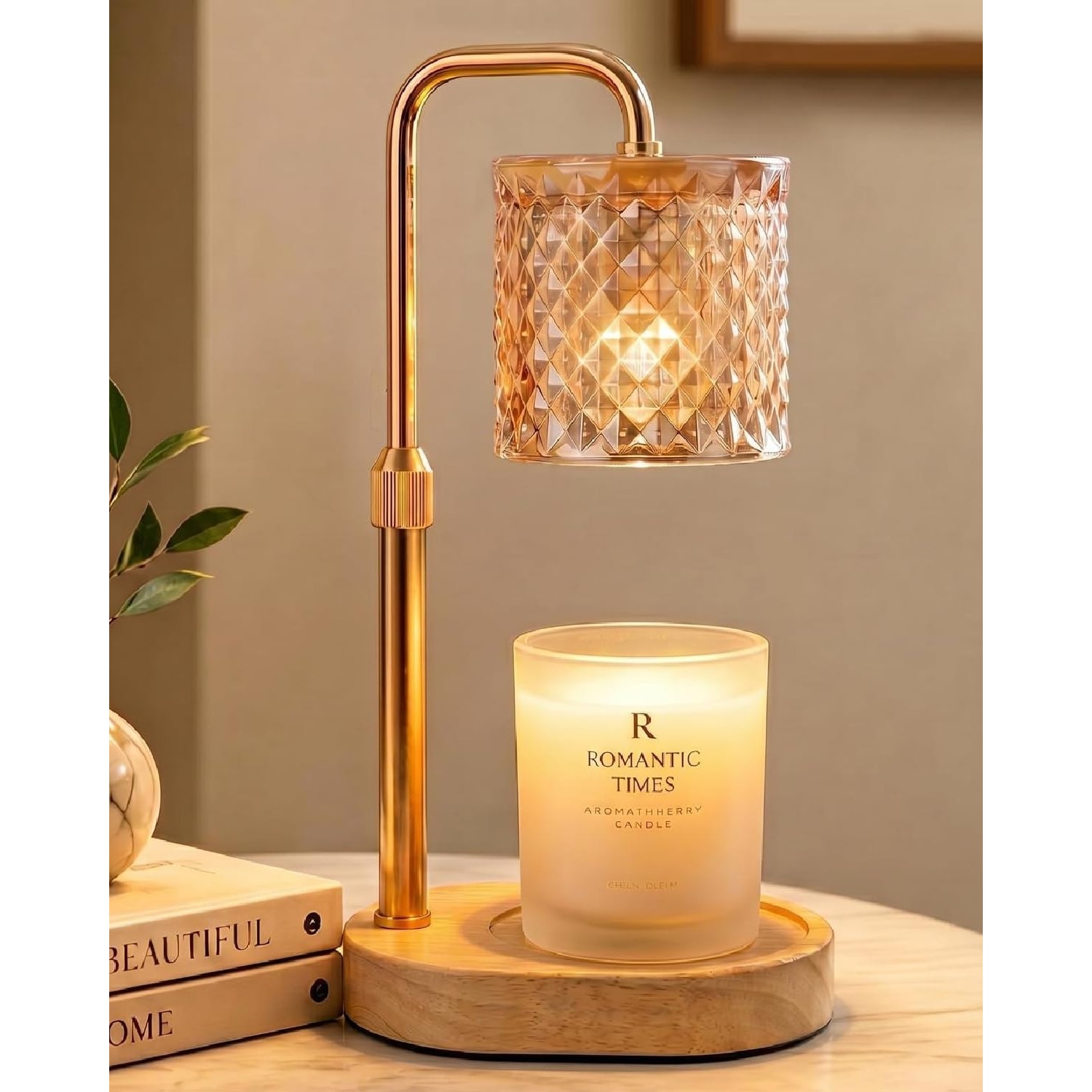 Diamond-cut glass candle warmer lamp lit above a jar candle on a wooden base beside a plant