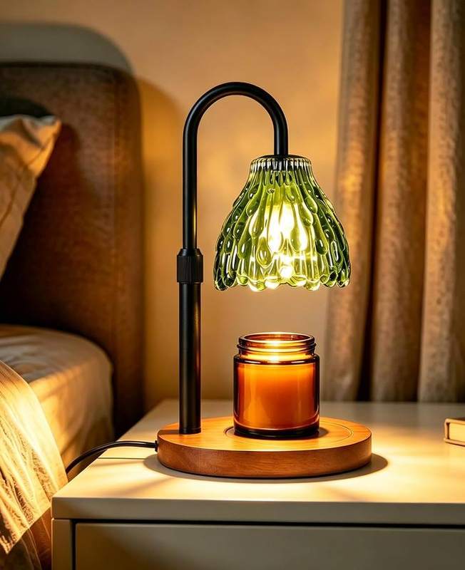 Gyradi Green Flower Candle Warmer Lamp, green candle warmer lamp with a bloom-shaped glass shade