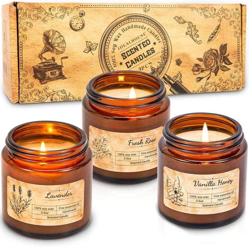 IDEALHOUSE Rose, Lavender and Vanilla Honey Candle Gift Set of 3 — glass jar scented candle
