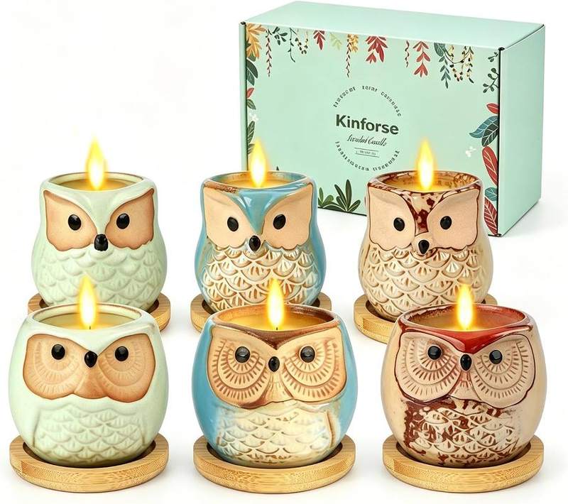 Kinforse Owl Scented Candle Gift Set of 6 — ceramic vessel scented candle