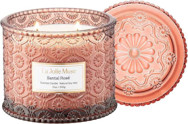 La Jolie Muse Santal Rose 2-Wick Candle, 12 oz — glass jar scented candle