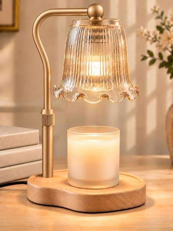 Nimesh Gold Flower Candle Warmer Lamp, gold candle warmer lamp with a flower-shaped glass shade