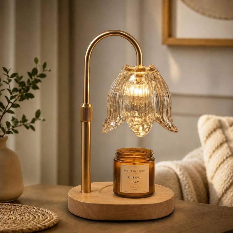 NOVEINN Gold Lily Flower Candle Warmer Lamp, gold candle warmer lamp with a flower-shaped glass shade