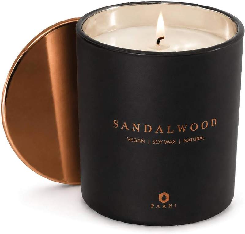 PAANI Sandalwood Soy Candle, Black Glass & Copper Lid — glass jar scented candle