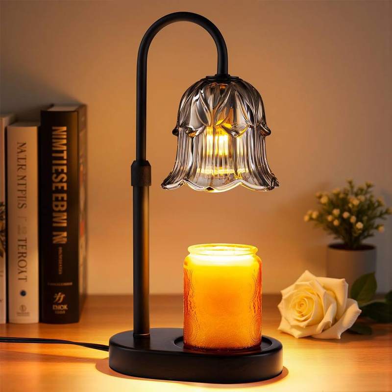Pfxud Grey Flower Candle Warmer Lamp, grey candle warmer lamp with a bloom-shaped glass shade