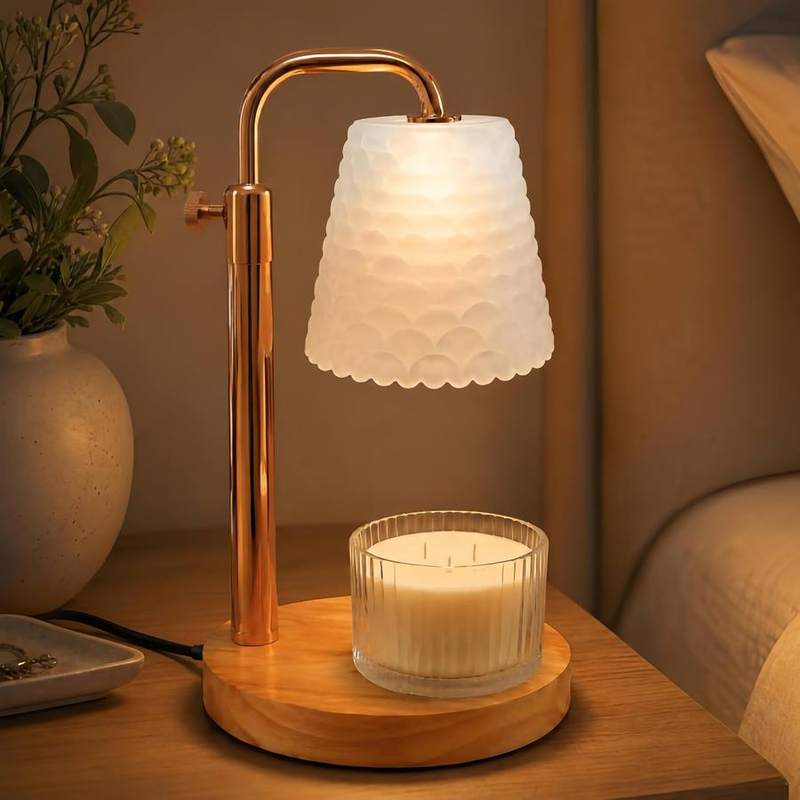 QUIGO Fish-Scale Glass Candle Warmer Lamp, Gold & Wood, candle warmer lamp with a rounded glass shade