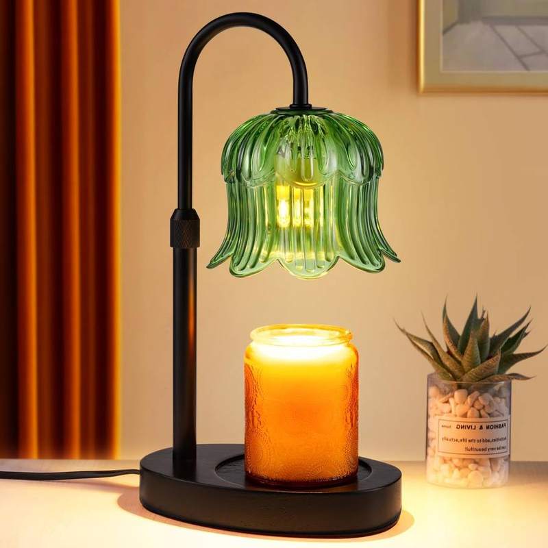 spqment Emerald Floral Glass Candle Warmer Lamp, green candle warmer lamp with a flower-shaped glass shade