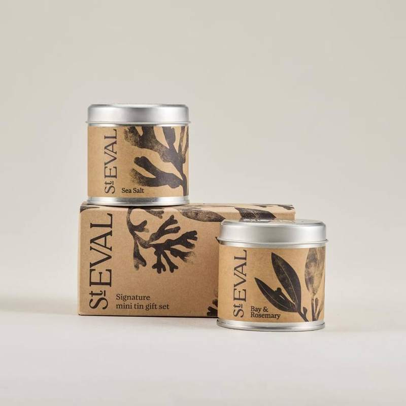 St Eval Signature Mini Tin Gift Set: Bay & Rosemary and Sea Salt — tin scented candle