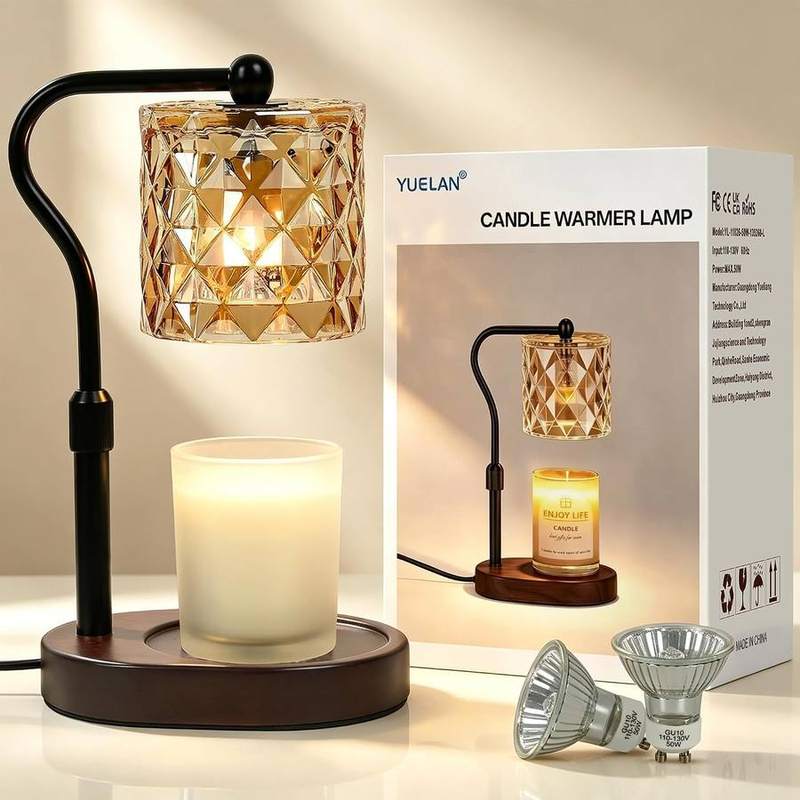 TEMZICK Walnut Crystal-Cut Candle Warmer Lamp, walnut candle warmer lamp with a faceted crystal-cut shade