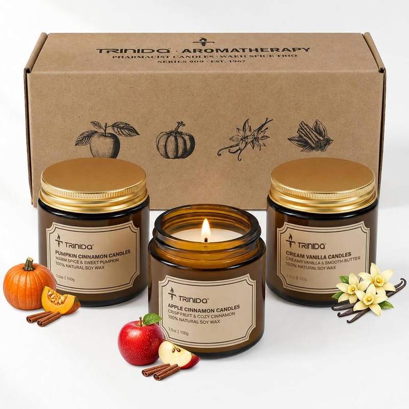 TRINIDa Autumn Candle Set of 3: Pumpkin, Apple Cinnamon & Vanilla — jar scented candle