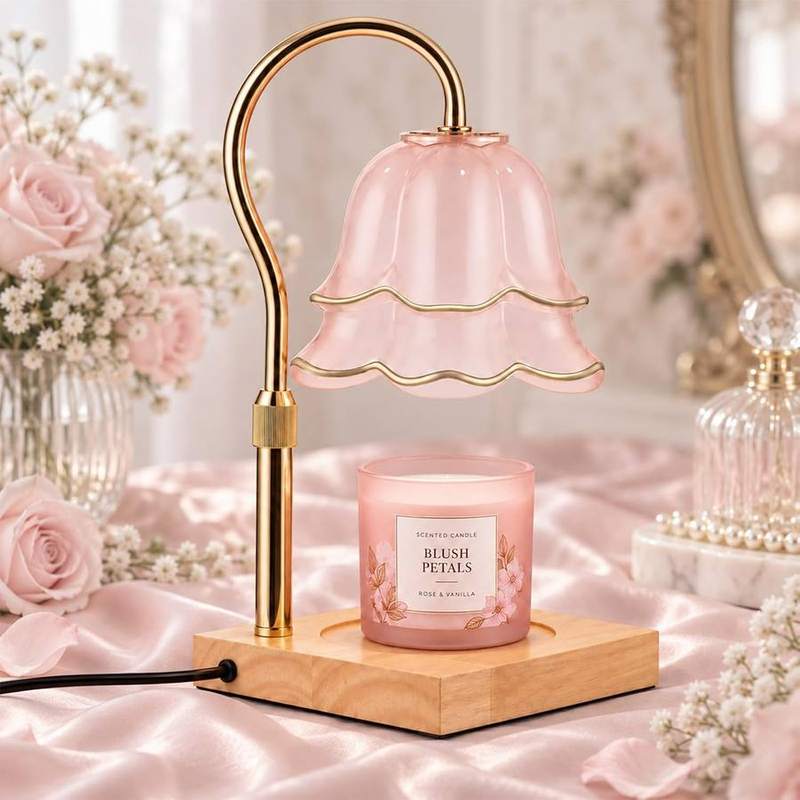 Tuocal Pink Flower Candle Warmer Lamp, pink candle warmer lamp with a bloom-shaped glass shade