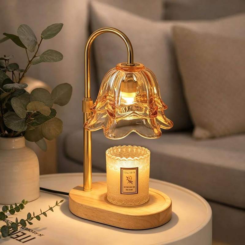 Tuocal Red Flower Candle Warmer Lamp, red candle warmer lamp with a flower-shaped glass shade