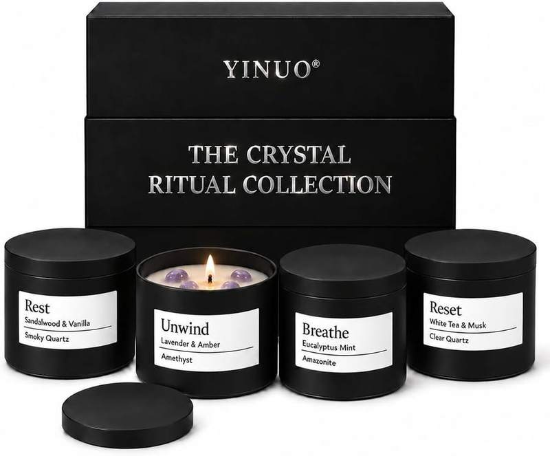 YINUO Crystal Mood Candle Gift Set, 4 x 185 g Tins — scented candle